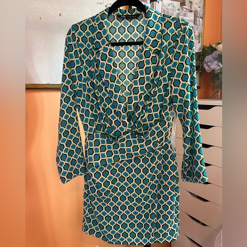Zara Blue Green Geom Print Wrap Dress Size US M/Mex 28